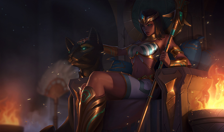 braid brazier crown egyptian egyptian_clothes feline female fire league_of_legends midriff nidalee official_art pharaoh_nidalee polearm spear sphynx_(cat) throne weapon