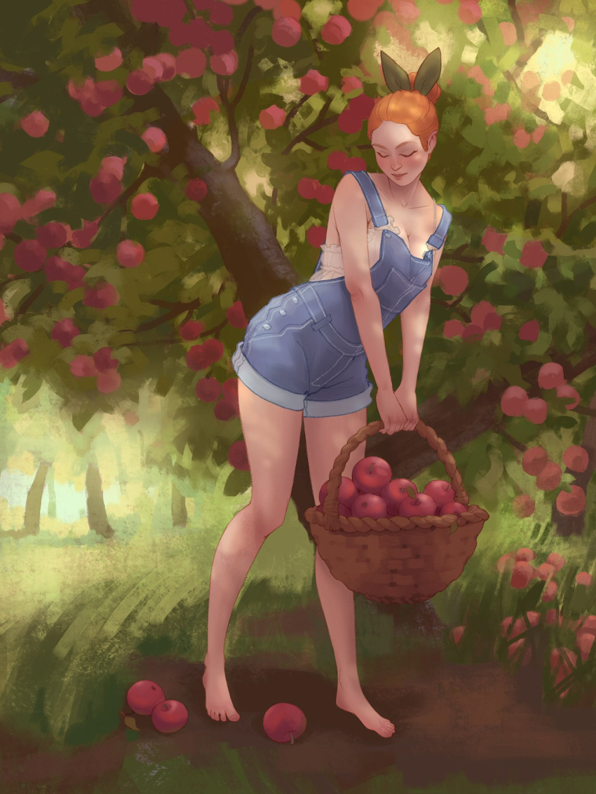 1girls apple barefoot basket blush cosy denim garden gardening graceful hair_bun hair_ribbon lace-trimmed_bra light_skin long_legs looking_down medium_breasts outdoors overall_shorts overalls overalls_down overalls_only plant plants pose red_hair rubyaxehound rue_(rubyaxehound) shy solo tree wholesome