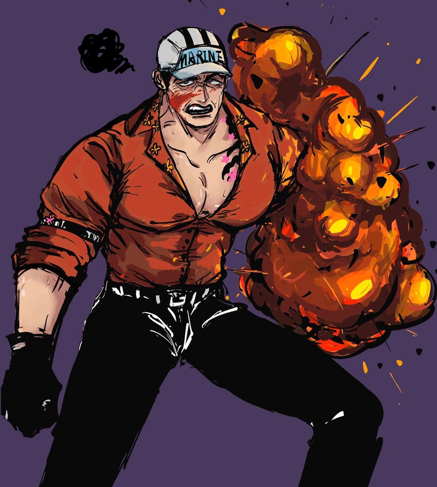 admiral_(one_piece) akainu akuma_no_mi angry big_pecs chest_tattoo devil_fruit fully_clothed huge_pectorals human human-like human_artist humanoid lava lava_creature lava_humanoid lava_skin leather leather_belt leather_clothing leather_gloves leather_pants male male_only marine_(one_piece) one_piece pecs tattoo