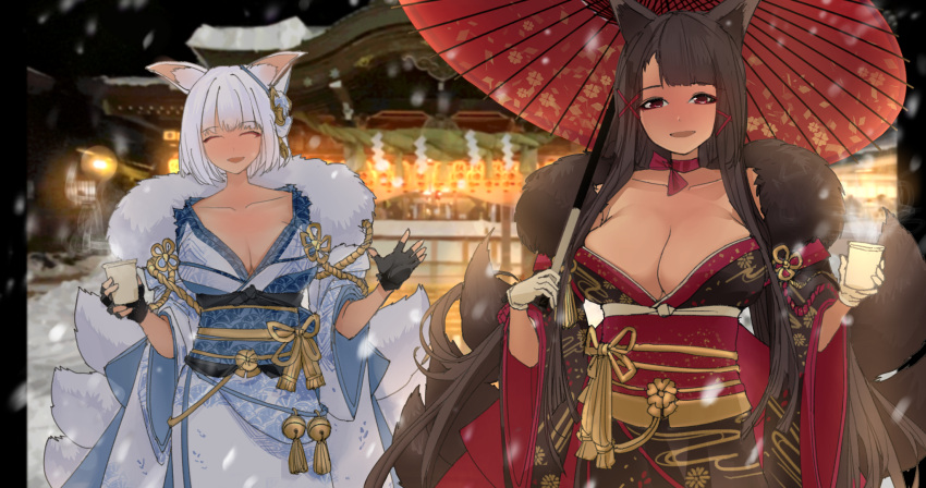 2girls akagi_(azur_lane) akagi_(plum_and_snow)_(azur_lane) animal_ear_fluff animal_ears azur_lane black_gloves black_kimono blue_sash breasts brown_hair brown_kimono brown_tail cleavage closed_eyes eyeliner eyeshadow fingerless_gloves fox_ears fox_girl fox_mask fox_tail fur-trimmed_kimono fur_trim gloves highres japanese_clothes kaga_(azur_lane) kaga_(white_fox's_new_year)_(azur_lane) kimono kitsune large_breasts long_hair makeup mask mask_on_head multiple_girls multiple_tails official_alternate_costume oil-paper_umbrella red_eyeshadow red_sash sash short_hair snowing tail tucciao umbrella white_gloves white_hair white_kimono white_tail