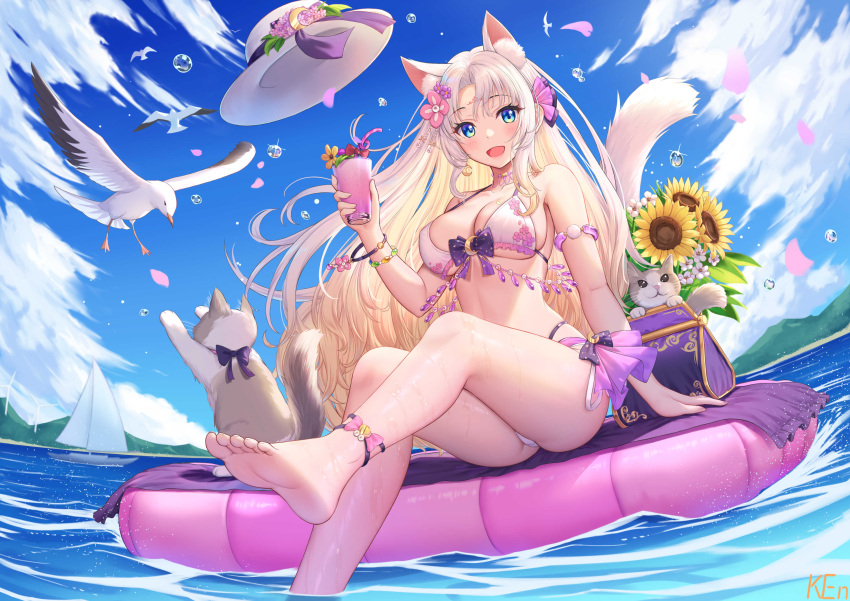 absurdres afloat animal_ears anklet armlet barefoot bikini bird blue_eyes blush boat bracelet breasts cat_ears cat_girl cat_tail crescent cup day feline female flower hair_flower hair_ornament hat highres holding holding_cup indie_virtual_youtuber jewelry ken-san large_breasts long_hair looking_at_viewer ocean outdoors qiuyue_ying'er sailboat seagull sitting sky soaking_feet sunflower swimsuit tail thighs unworn_hat unworn_headwear very_long_hair virtual_youtuber water water_drop watercraft white_bikini white_hair