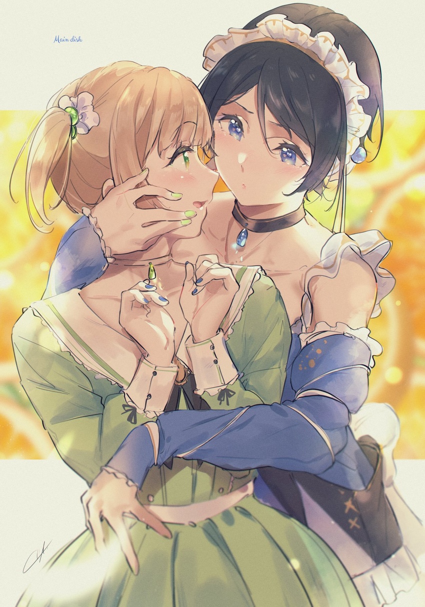 2girls black_choker black_hair blonde_hair blue_dress blue_eyes blue_nails blurry blurry_background blush bokeh choker couple cowboy_shot depth_of_field detached_sleeves dress english_text eye_contact floral_background frilled_straps gekijouban_hibike!_euphonium green_dress green_eyes green_nails hair_between_eyes hair_bobbles hair_ornament heart heart-shaped_pupils heart_in_eye hibike!_euphonium highres hug hug_from_behind kuziaaizuk lace-trimmed_dress lace_trim long_sleeves looking_at_another maid_headdress matching_outfits multiple_girls open_mouth parted_bangs pendant_choker refraction short_hair sidelocks signature sleeveless sleeveless_dress surprised suzuki_mirei suzuki_satsuki swept_bangs symbol-shaped_pupils symbol_in_eye twintails white_background yuri