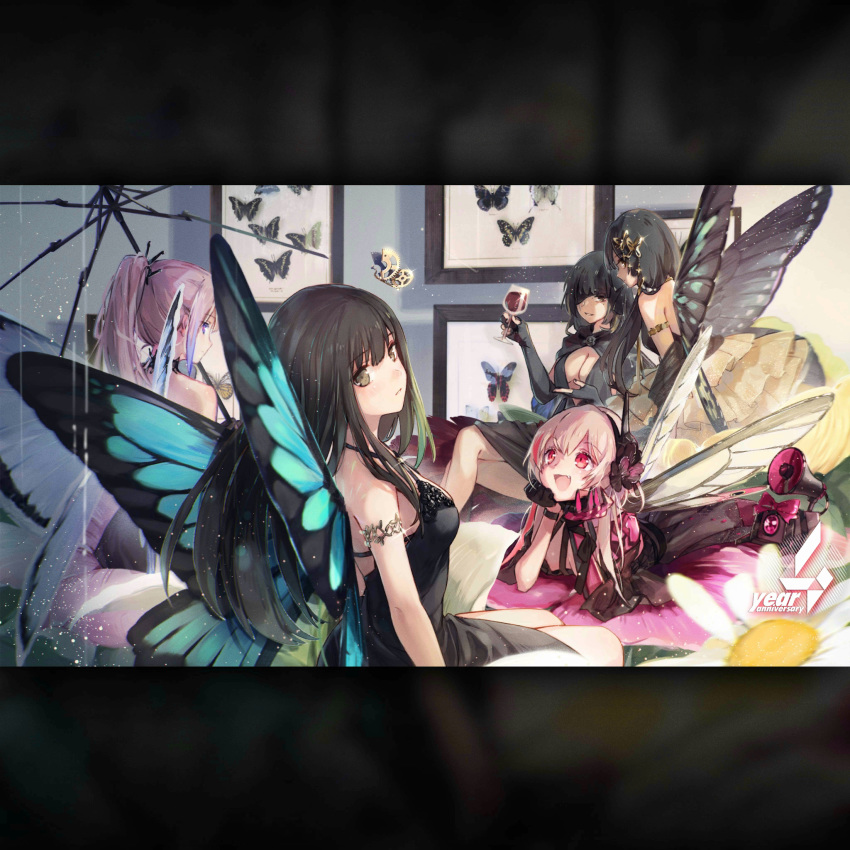 5girls alcohol anti-rain_(girls'_frontline) armlet banana_(girls'_frontline) bare_back bare_shoulders black_border black_dress black_gloves black_hair blonde_hair blue_eyes border breasts brown_eyes bug butterfly butterfly_hair_ornament butterfly_wings cleavage closed_mouth cup dress drinking_glass elbow_gloves framed_insect frilled_dress frills girls'_frontline gloves green_hair hair_ornament headgear highres holding holding_cup imoko_(imonatsuki) insect_wings jewelry large_breasts legs long_hair looking_at_another looking_at_viewer lying m16a1_(blazer_of_the_trail)_(girls'_frontline) m16a1_(girls'_frontline) m4_sopmod_ii_(devourer_of_the_feast)_(girls'_frontline) m4_sopmod_ii_(girls'_frontline) m4a1_(girls'_frontline) m4a1_(suspender_of_time)_(girls'_frontline) mechanical_hands medium_breasts multicolored_hair multiple_girls non-humanoid_robot oerba_yun_fang official_alternate_costume official_art on_stomach open_mouth pink_hair pink_ribbon ponytail red_eyes red_hair red_wine ribbon ro635_(enforcer_of_the_law)_(girls'_frontline) ro635_(girls'_frontline) robot single_mechanical_hand sitting smile st_ar-15_(girls'_frontline) st_ar-15_(prisoner_of_the_dream)_(girls'_frontline) streaked_hair transparent_border umbrella wine wine_glass wings yellow_dress