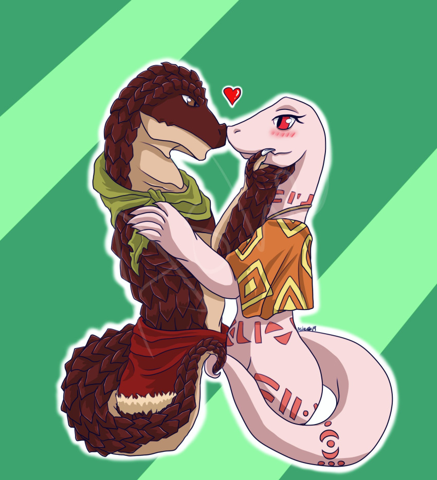 2019 5_fingers albino anthro belly belly_markings belt_(marking) biped blush bottomwear brown_body brown_eyes brown_scales canon_couple cape cape_only capelet choker_(marking) claws clothing countershade_arms countershade_face countershade_hands countershade_neck countershade_scales countershade_tail countershade_torso countershading crusch_lulu duo emileegoulding entwined_tails eye_contact eyelashes female finger_claws fingers green_background green_scarf hand_on_arm hand_on_face heart_symbol hi_res husband_and_wife leg_markings lizard lizardman lizardman_(overlord) looking_at_another male male/female markings married_couple mostly_nude neck_markings orange_cape orange_clothing orange_topwear overlord_(series) pattern_cape pattern_clothing pattern_topwear pink_markings portrait pupils red_bottomwear red_clothing red_eyes reptile romantic romantic_couple scales scalie scarf side_view signature simple_background smile tail tail_coil tail_markings tailband_(marking) tan_body tan_countershading three-quarter_portrait topwear touching_noses tribal tribal_markings white_body zaryusu_shasha