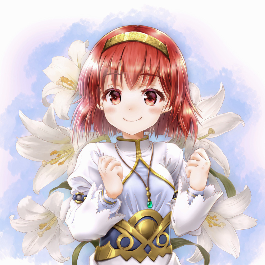 blush bob_cut clenched_hands dress female fire_emblem fire_emblem:_mystery_of_the_emblem fire_emblem:_shadow_dragon_and_the_blade_of_light flower gold_hairband hairband highres jewelry long_sleeves looking_at_viewer maria_(fire_emblem) necklace red_eyes red_hair short_hair smile solo tiara tomonx upper_body white_dress