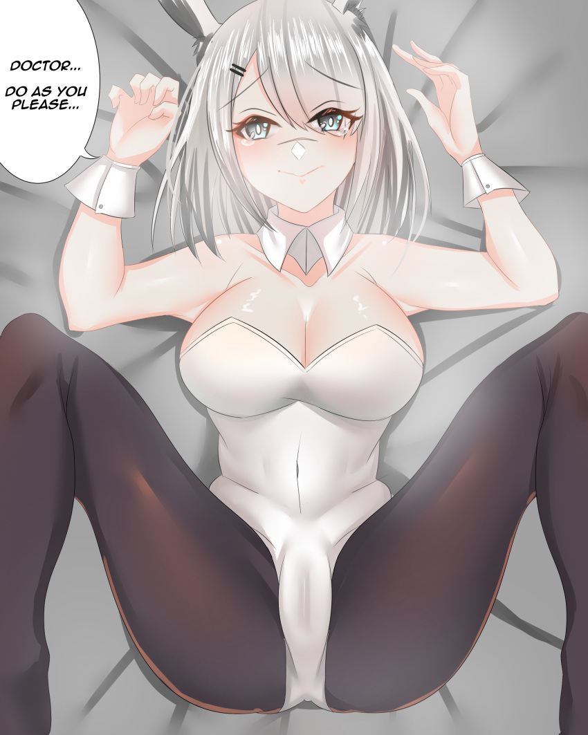 abineko absurdres animal_ears arknights black_pantyhose breasts cameltoe cleavage closed_mouth collared_leotard english_text female frostnova_(arknights) grey_eyes hair_ornament hairclip highres large_breasts leotard looking_at_viewer medium_hair missionary pantyhose playboy_bunny rabbit_ears smile solo speech_bubble spread_legs white_hair white_leotard