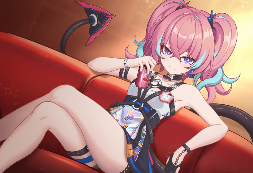 absurdres aqua_hair armpits bare_shoulders black_gloves black_skirt blue_eyes breasts budesonide can chinese_commentary choker closed_mouth commentary_request couch crossed_legs feet_out_of_frame female gloves hair_between_eyes highres holding holding_can honkai_(series) honkai_impact_3rd long_hair looking_at_viewer multicolored_hair nail_polish on_couch pink_hair rozaliya_olenyeva rozaliya_olenyeva_(fervent_tempo) shirt single_glove sitting skirt sleeveless sleeveless_shirt small_breasts smile solo spikes streaked_hair tail tetris twintails white_shirt