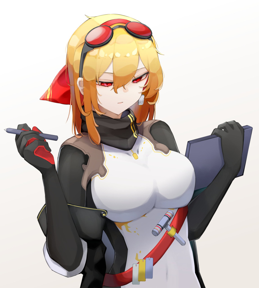 black_gloves blonde_hair breasts commentary dress earrings english_commentary eyewear_on_head female gloves goggles goggles_on_head hair_between_eyes hairband hammer highres holding holding_stylus holding_tablet_pc hololive hololive_indonesia jewelry kaela_kovalskia kaela_kovalskia_(1st_costume) large_breasts long_hair looking_down madagascar_(series) medium_hair red-tinted_eyewear red_eyes red_hairband scene_reference simple_background single_earring solo stylus sunglasses tablet_pc tinted_eyewear upper_body virtual_youtuber white_background white_dress yuu_azma