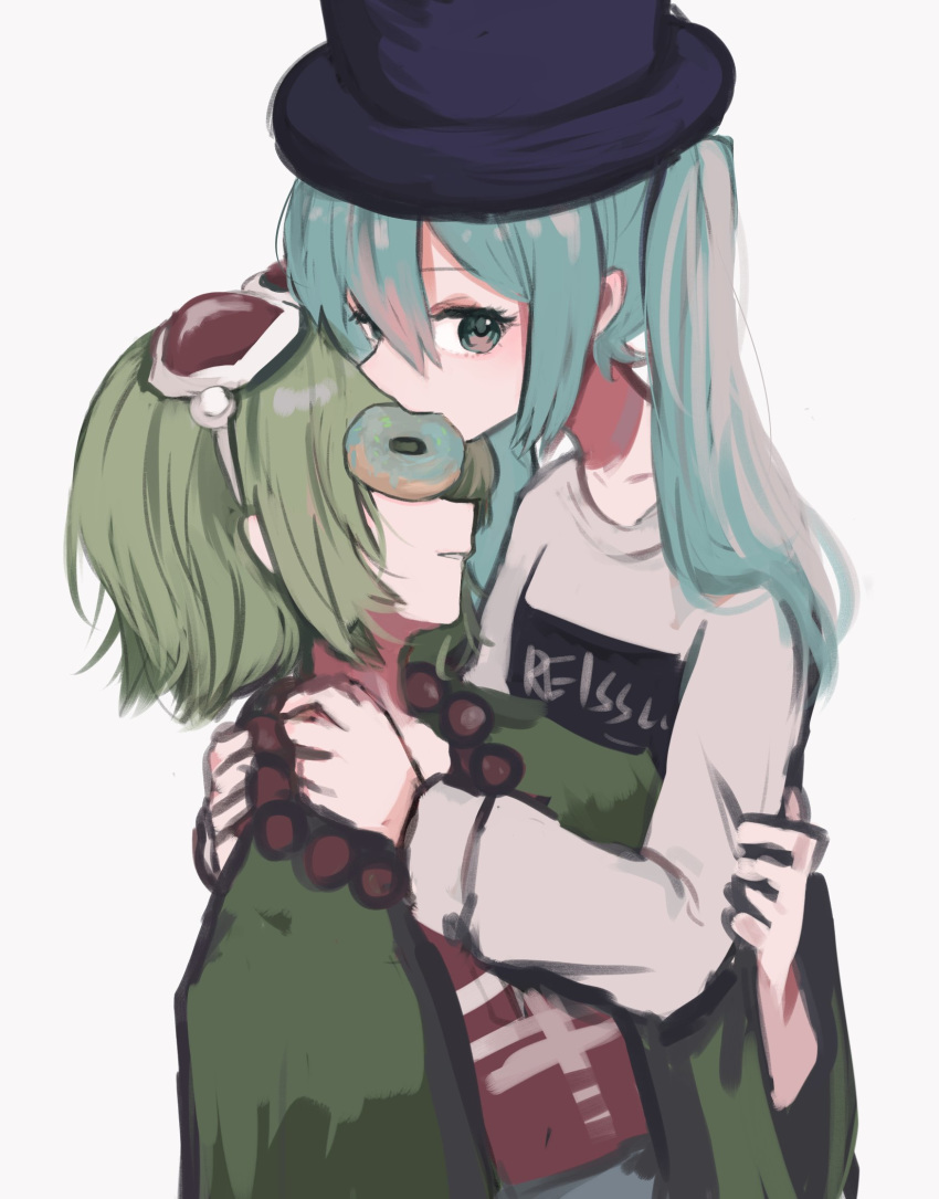 2girls aqua_eyes aqua_hair arms_around_neck bead_necklace beads blue_headwear commentary_request donut_hole_(vocaloid) doughnut food goggles goggles_on_head gomiyama green_hair green_jacket gumi hatsune_miku highres jacket jewelry mouth_hold multiple_girls necklace parted_lips red_goggles sideways_glance smile twintails upper_body vocaloid