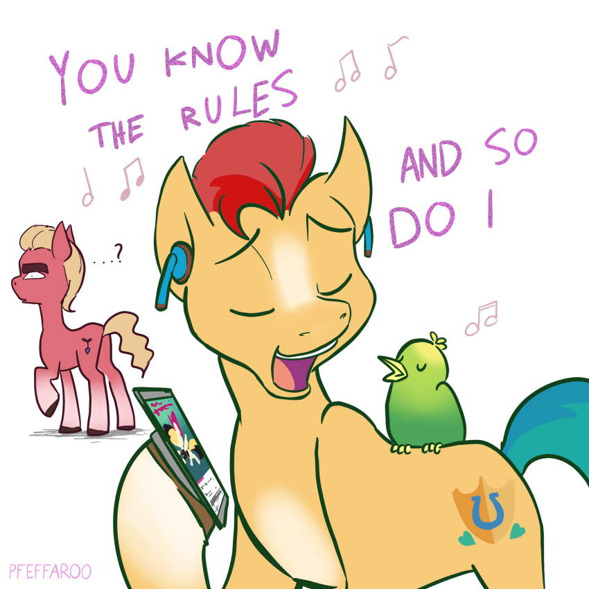 1:1 avian bird blonde_hair cellphone cutie_mark earbuds earth_pony electronics equid equine friendship_is_magic group hair hasbro headphones hi_res hitch_trailblazer_(mlp) horse male mammal meme mlp_g5 musical_note my_little_pony my_little_pony:_the_movie_(2017) never_gonna_give_you_up pfeffaroo phone pony red_hair rick_rolled rickroll simple_background singing smartphone songbird_serenade_(mlp) sprout_cloverleaf_(mlp) trio white_background