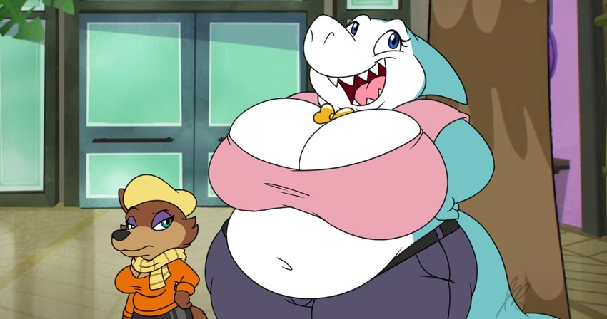 anthro anthrofied big_breasts breast_size_difference breasts canid canine duo female fish hand_on_hip hanna-barbera huge_breasts jabberjaw jabberjaw_(character) jellystone_(hbo_max) jouigidragon larger_female loopy_(loopy_de_loop) loopy_de_loop mammal marine overweight overweight_anthro overweight_female shark size_difference slightly_chubby slightly_chubby_female smaller_female