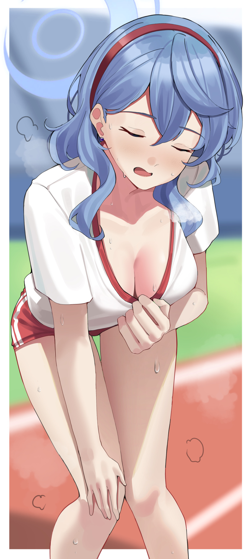 absurdres ako_(blue_archive) ako_(track)_(blue_archive) blue_archive blue_hair blurry blurry_background breasts cleavage closed_eyes commentary english_commentary feet_out_of_frame female gym_shirt haerge hairband halo hand_on_own_knee highres leaning_forward medium_breasts official_alternate_costume outdoors red_hairband red_shorts running_track shirt short_shorts short_sleeves shorts solo steaming_body sweatdrop thigh_gap