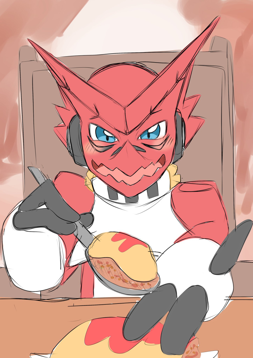 anthro bandai_namco blue_eyes blush cutlery digimon digimon_(species) electronics feeding_viewer food headphones hi_res kitchen_utensils looking_at_viewer male omelette omelette_rice rice shoutmon spoon tools zunaha