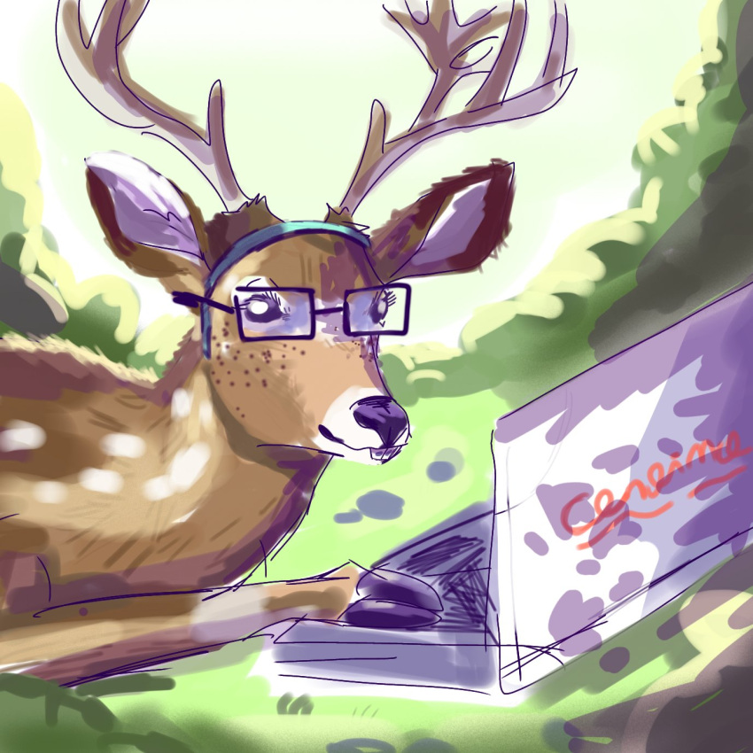 1:1 antlers braces brown_body brown_fur buckteeth computer deer electronics eyewear female feral forest forest_background freckles fur glasses hi_res horn mammal nature nature_background plant renita_reed renita_reed_(character) solo teeth tree white_horn