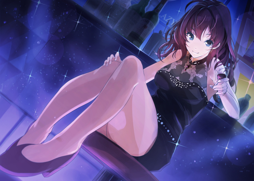 ahoge bar_stool black_dress black_footwear blue_eyes bottle breasts brown_hair cleavage commentary_request crazy_crazy_(idolmaster) cup dress drinking_glass female from_below hair_between_eyes highres holding holding_cup ichinose_shiki idolmaster idolmaster_cinderella_girls large_breasts lazy_lazy_(idolmaster) long_hair looking_at_viewer messy_hair see-through see-through_cleavage short_dress sitting sleeveless sleeveless_dress smile solo stool yanasan_0873