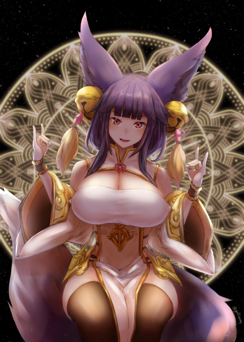 alternate_breast_size alternate_costume alternate_hairstyle animal_ears breasts cleavage detached_sleeves erune female fox_ears fox_girl fox_shadow_puppet fox_tail gollizo granblue_fantasy highres large_breasts mandala oerba_yun_fang red_eyes solo tail thighhighs wide_sleeves yuel_(granblue_fantasy)