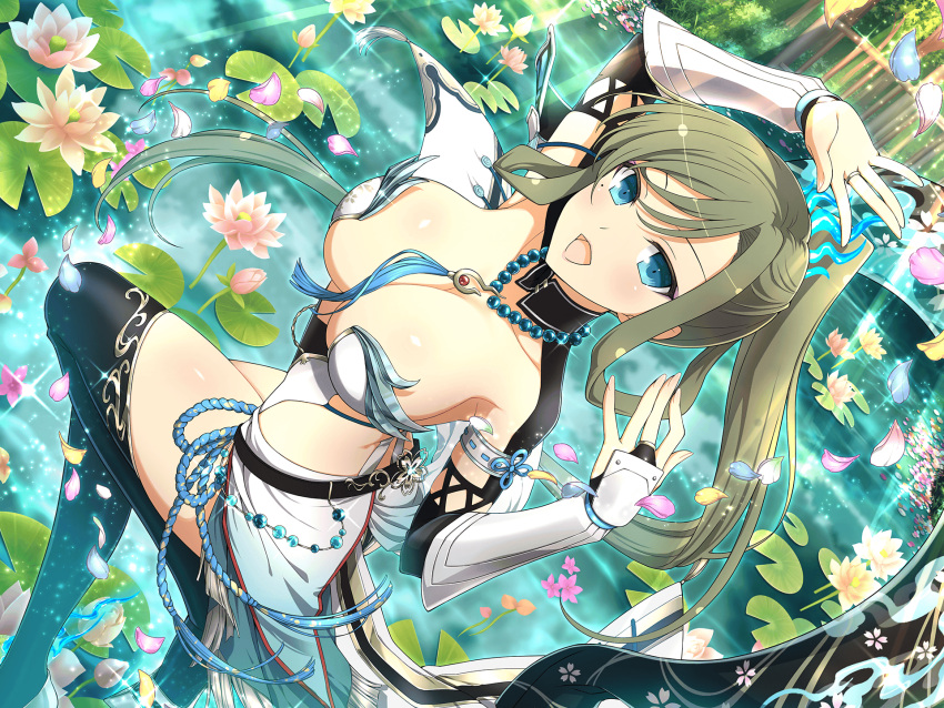 bad_link bead_necklace beads blue_eyes blush breasts bush cleavage collarbone female flower fuga_(senran_kagura) green_hair highres jewelry large_breasts leaf lily_pad long_hair looking_at_viewer mole mole_under_eye necklace official_art open_mouth outdoors petals pink_flower plant pond ponytail revealing_clothes senran_kagura senran_kagura_new_link senran_kagura_new_wave smile solo thighhighs twisted_torso water water_lily_flower yaegashi_nan