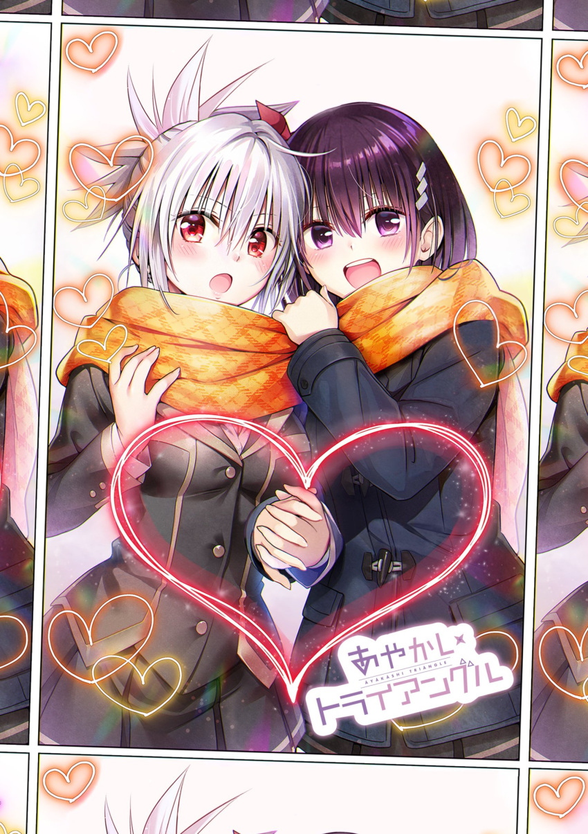 2girls :d :o ayakashi_triangle blush cleaned commentary copyright_name derivative_work english_commentary eyelashes grey_hair hair_ornament hairclip happy heart highres holding_hands jacket kanade_suzu kazamaki_matsuri kazamaki_matsuri_(female) long_hair looking_at_viewer momocchi18 multiple_girls official_art open_mouth photo_(object) pinwheel pinwheel_hair_ornament ponytail purple_eyes purple_hair red_eyes scarf school_uniform short_hair smile standing winter_clothes yabuki_kentarou yuri