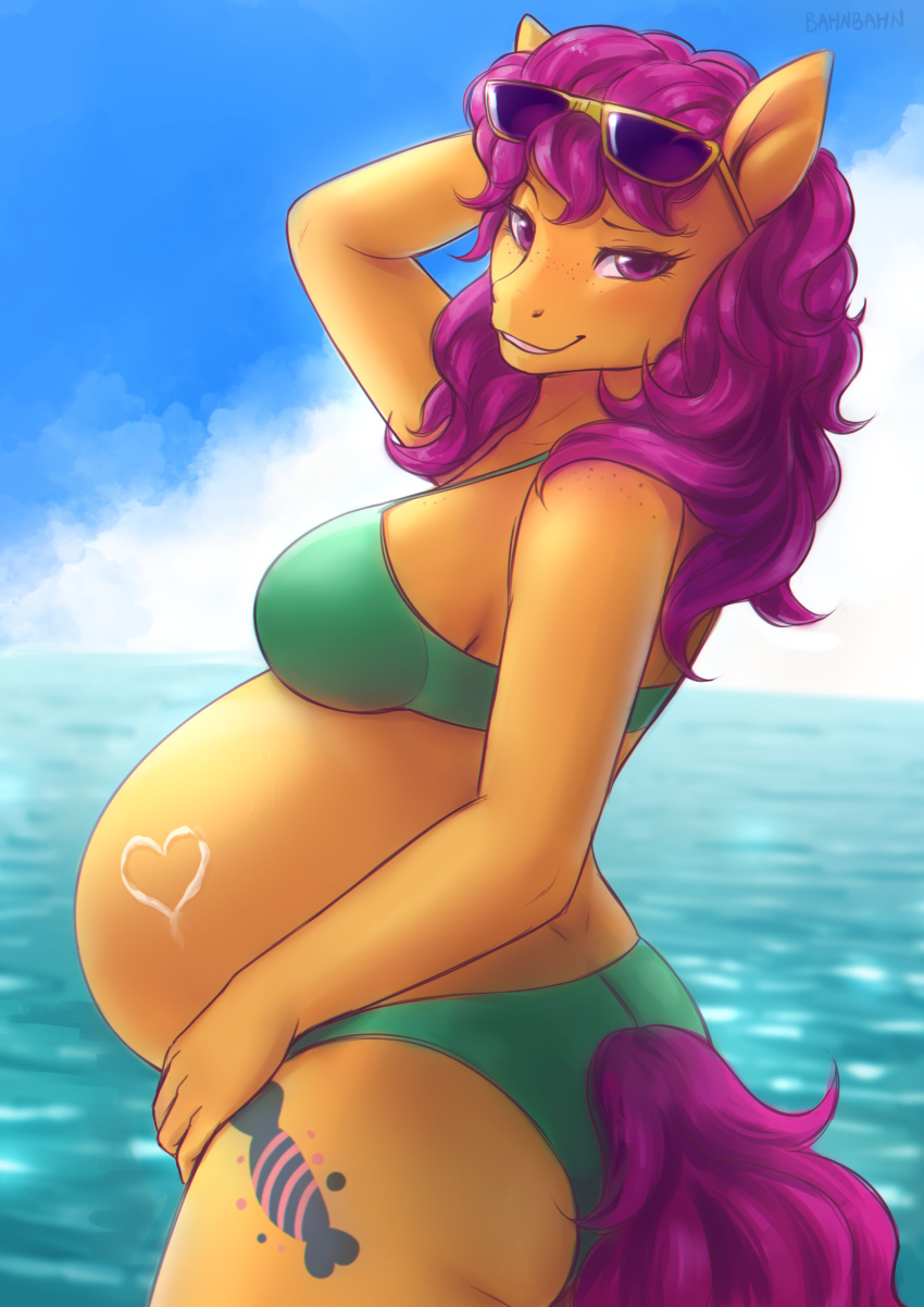 absurd_res anthro anthrofied ass bahnbahn belly big_belly big_breasts bikini bonbon_(mlpt) breasts butt_pose clothed clothing cutie_mark day equid equine eyebrows eyewear eyewear_on_head female fingers freckles hair hand_behind_head hasbro heart_symbol hi_res horse long_hair looking_at_viewer looking_back mammal mlp_g1 my_little_pony my_little_pony_tales orange_body outside pony pose pre-g4 pregnant pregnant_anthro pregnant_female purple_eyes purple_hair sea solo standing sunglasses sunglasses_on_head swimwear tail water