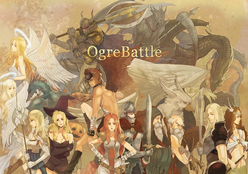 amazoness_(ogre_battle) blonde_hair blue_eyes breasts brown_hair canopus_wolph cleavage closed_mouth deneb_rove dress elbow_gloves gloves hat long_hair looking_at_viewer masakikazuyoshi medium_hair multiple_boys multiple_girls ogre_battle pumpkin pumpkinhead_(ogre_battle) purple_dress simple_background smile sword valkyrie_(ogre_battle) weapon witch witch_hat