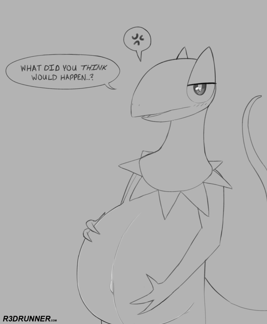 2021 angry belly big_belly blush dialogue digital_drawing_(artwork) digital_media_(artwork) english_text generation_6_pokemon heliolisk hi_res looking_at_viewer monochrome nintendo nude pokemon pokemon_(species) pregnant r3drunner solo text unimpressed