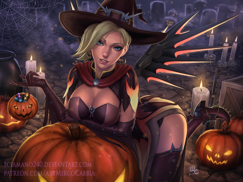 artist_name basket blonde_hair blue_eyes bodice breast_hold breasts brown_gloves brown_theme brown_thighhighs candle candlestand candy cleavage commentary costume dated deviantart_username earrings elbow_gloves english_commentary female food food-themed_earrings gloves glowing graveyard halloween halloween_bucket halloween_costume hat high_collar holding holding_basket italian_commentary jack-o'-lantern jack-o'-lantern_earrings jewelry lantern large_breasts leaning_forward light_particles lips long_hair looking_at_viewer mechanical_wings mercy_(overwatch) mixed-language_commentary night nose nostrils official_alternate_costume overwatch overwatch_1 paid_reward_available parted_lips patreon_username pelvic_curtain pumpkin sciamano240 short_hair signature silk solo spider_web teeth thighhighs tombstone upper_teeth_only web_address wings witch witch_hat witch_mercy