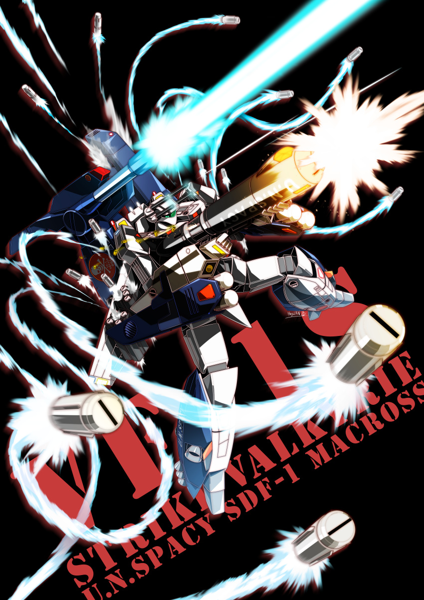 absurdres assault_visor cannon energy_beam energy_cannon firing gunpod heyzan highres itano_circus looking_ahead macross macross:_do_you_remember_love? mecha mechanical_wings missile missile_pod no_humans robot science_fiction smoke_trail solo variable_fighter vf-1_strike vf-1s wings