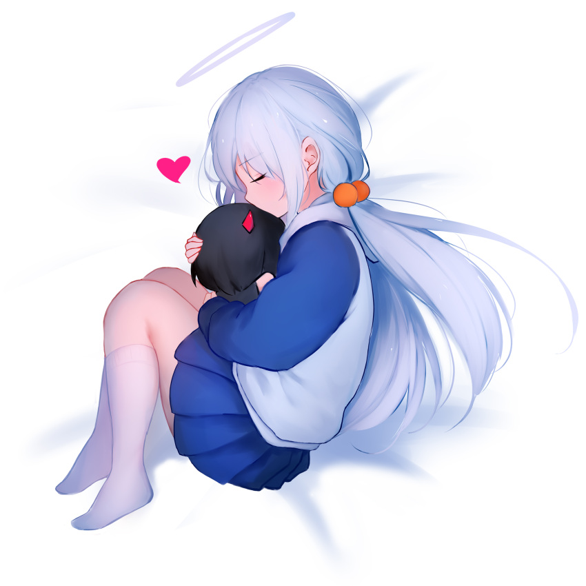 aged_down angel angel_girl_(shimmer) black-haired_demon_girl_(shimmer) blue_hoodie character_doll closed_eyes commentary female fetal_position hair_ornament halo heart highres hood hood_down hoodie hugging_doll hugging_object kneehighs long_hair long_sleeves low_ponytail miniskirt no_shoes original pleated_skirt profile shimmer skirt socks solo striped_clothes striped_socks symbol-only_commentary white_hoodie white_socks