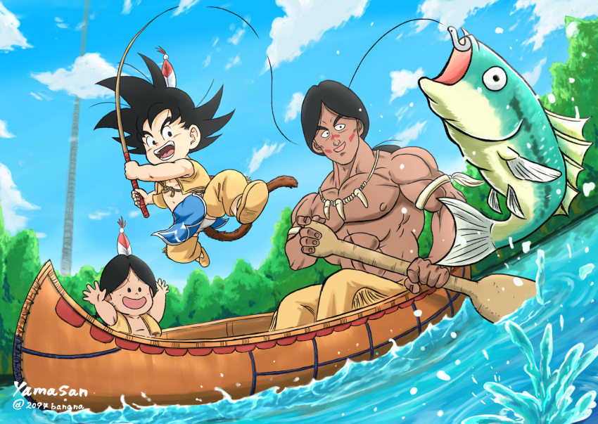 2094banana 3boys black_hair blue_sky boat bone_necklace bora_(dragon_ball) cloud cloudy_sky commentary_request cosplay dark-skinned_male dark_skin day dragon_ball dragon_ball_(classic) fantasy father_and_son feather_hair_ornament feathers fish fishing fishing_hook fishing_line fishing_rod hair_ornament highres holding holding_fishing_rod jumping looking_at_viewer male_focus matching_outfits monkey_tail multiple_boys muscular muscular_male native_american open_mouth outdoors paddle pectorals sitting sky smile son_goku spiked_hair tail teeth topless_male tower tree twitter_username upa_(dragon_ball) upa_(dragon_ball)_(cosplay) water watercraft