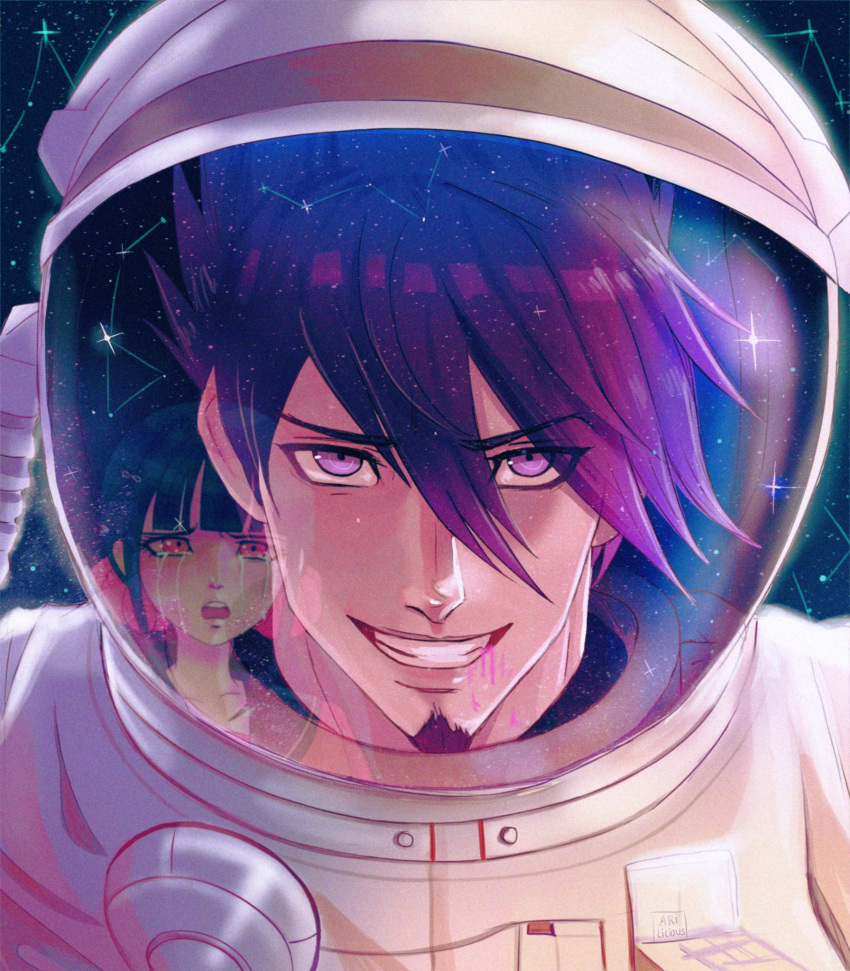 1boy alternate_costume astronaut blood cassiopeia_(constellation) collarbone commentary constellation crying crying_with_eyes_open danganronpa_(series) danganronpa_v3:_killing_harmony facial_hair female goatee grin hair_between_eyes hair_ornament hair_scrunchie hairclip harukawa_maki helmet highres looking_at_another looking_at_viewer low_twintails male_focus medium_hair missarilicious momota_kaito open_mouth pink_blood pink_eyes red_eyes red_scrunchie reflection scrunchie sky smile solo_focus space space_helmet star_(sky) starry_sky tears teeth twintails upper_body upper_teeth_only