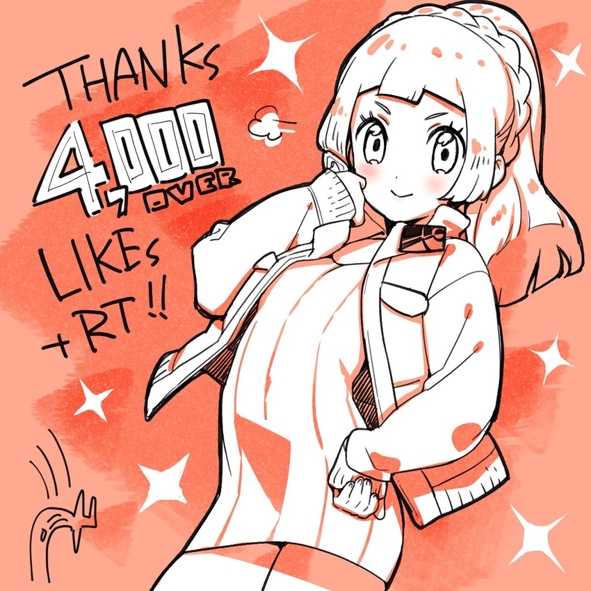 blunt_bangs blush braid brigette_(pokemon) brigette_(pokemon)_(cosplay) closed_mouth cosplay cowboy_shot dress eyelashes female hand_on_own_hip hand_up highres jacket kinocopro lillie_(pokemon) long_hair long_sleeves looking_at_viewer milestone_celebration open_clothes open_jacket orange_background pokemon pokemon_bank pokemon_sm ponytail ponytail_with_braided_base puff_of_air short_dress smile solo sparkle sweater sweater_dress thank_you