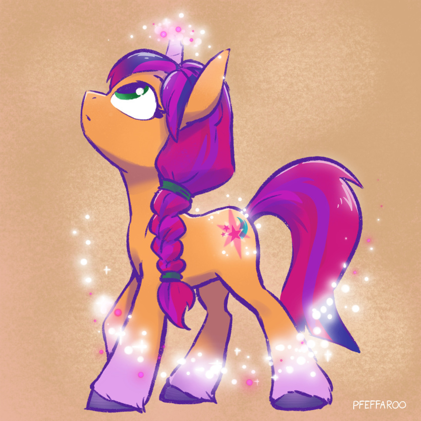 1:1 braided_hair cutie_mark earth_pony equid equine female feral friendship_is_magic green_eyes hair hasbro hi_res hooves horn horse looking_up mammal mlp_g5 my_little_pony orange_body pfeffaroo pony purple_body purple_hair purple_tail sunny_starscout_(mlp) transformation twilight_sparkle_(mlp) unicorn