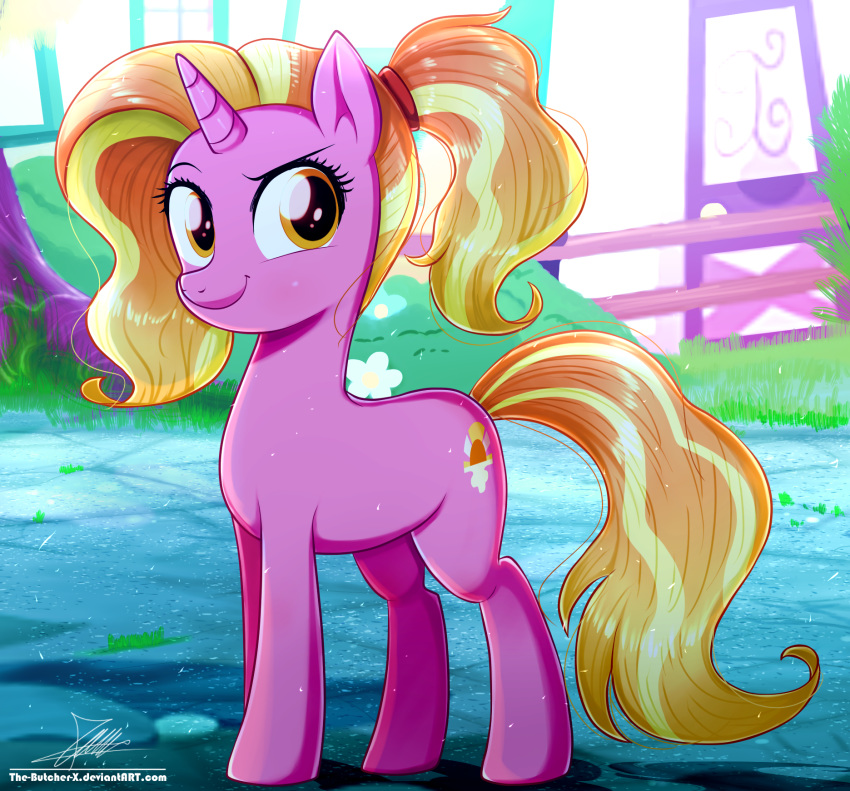 2020 building cutie_mark equid equine eyelashes female feral friendship_is_magic hair hasbro hi_res horn luster_dawn_(mlp) mammal multicolored_hair my_little_pony mythological_creature mythological_equine mythology ponyville signature smile solo text the-butcher-x two_tone_hair unicorn url