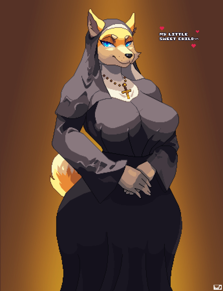 absurd_res anthro averag3artist big_breasts blue_eyes breasts brown_background canid canine canis clothed clothing cross cross_necklace dialogue digital_media_(artwork) dipstick_tail domestic_dog english_text eyelashes female fur heart_symbol hi_res huge_breasts jewelry looking_at_viewer mammal markings necklace nun nun_outfit pixel_(artwork) shiba_inu simple_background smile solo spitz tail tail_markings talking_to_viewer tan_body tan_fur text wide_hips yellow_body yellow_fur