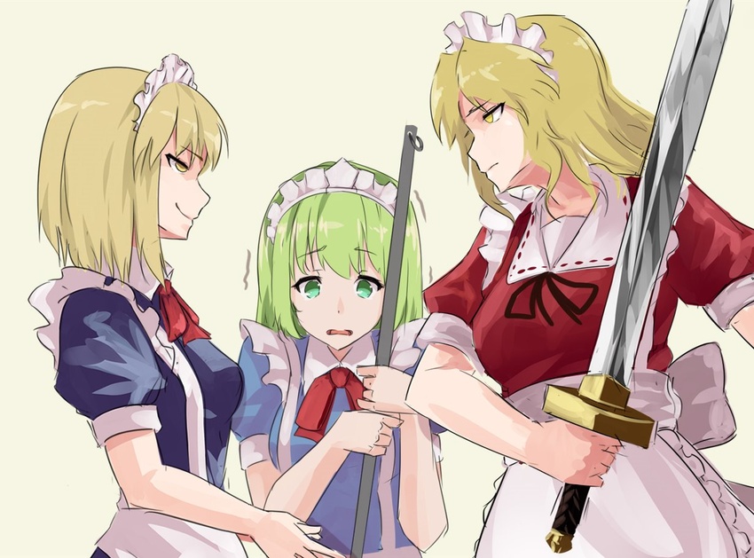 3girls apron ascot back_bow bad_id bad_twitter_id black_ribbon blonde_hair blue_dress bow breasts broom closed_mouth collared_dress commentary_request dress frilled_apron frilled_dress frills green_eyes green_hair holding holding_broom holding_sword holding_weapon kamiya_ueshi maid_apron maid_headdress medium_breasts medium_hair mugetsu_(touhou) multiple_girls open_mouth puffy_short_sleeves puffy_sleeves red_ascot red_dress red_ribbon ribbon ruukoto serious shirt short_hair short_sleeves simple_background smile sword touhou touhou_(pc-98) waist_apron weapon white_background worried yellow_eyes yumeko_(touhou)