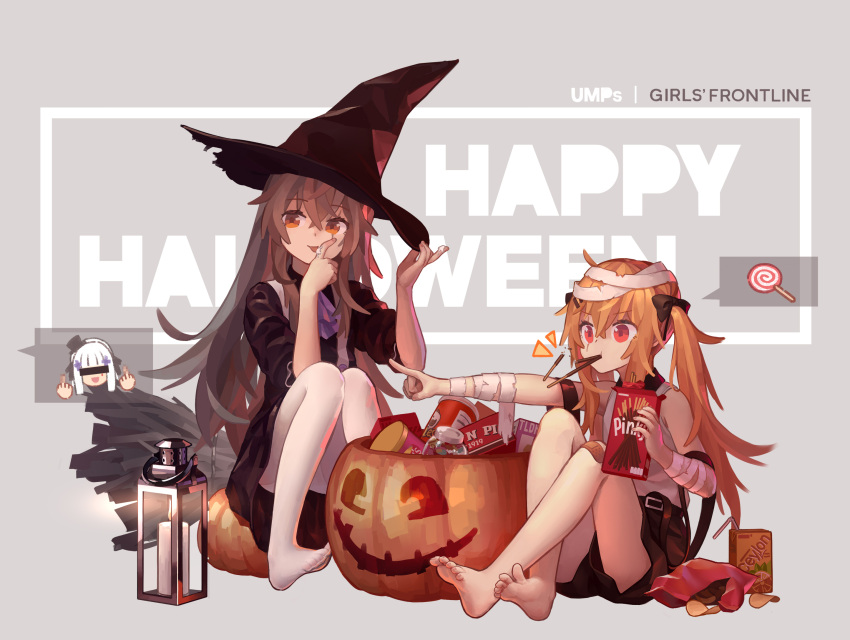 3girls bandages bar_censor barefoot black_bow black_dress black_headwear blonde_hair bow broom brown_hair candle candy censored commentary copyright_name crossed_bangs crossed_legs double_middle_finger dress english_commentary feet food food_in_mouth full_body girls'_frontline hairbow halloween halloween_bucket hand_on_headwear happy_halloween hat highres hk416_(black_kitty's_gift)_(girls'_frontline) hk416_(girls'_frontline) identity_censor knees_together_feet_apart lantern licking licking_finger long_hair looking_at_viewer looking_away middle_finger multiple_girls no_shoes notice_lines official_alternate_costume on_ground pantyhose pocky pocky_in_mouth pointing pumpkin red_eyes sidelocks sitting sitting_on_object smile soles spoken_character spoken_food spread_toes tianliang_duohe_fangdongye toes twintails ump45_(agent_lop_rabbit)_(girls'_frontline) ump45_(girls'_frontline) ump9_(girls'_frontline) ump9_(shiba_investigator)_(girls'_frontline) white_hair white_pantyhose witch_hat