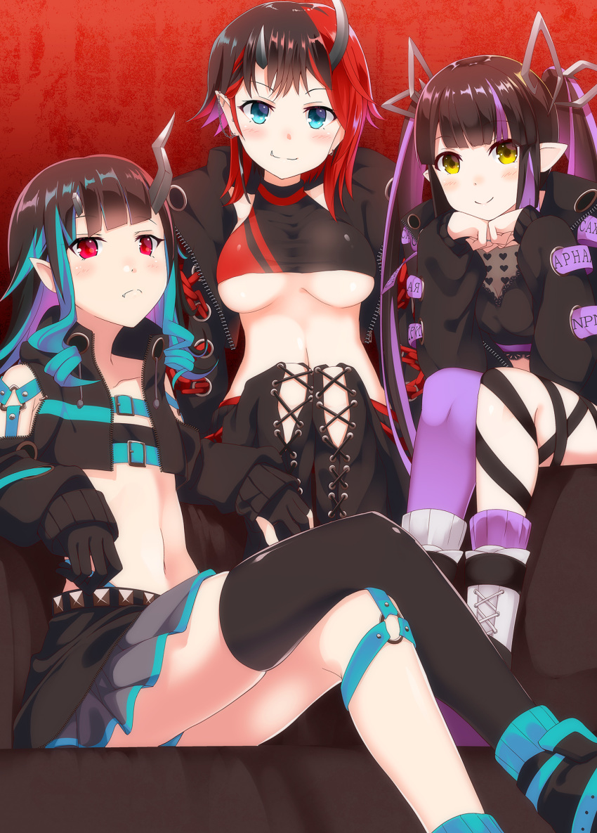 3girls aqua_hair asymmetrical_legwear black_coat black_hair black_skirt blue_eyes blush boots breasts closed_mouth coat crop_top demon_girl demon_horns flat_chest highres horns kojo_anna kojo_anna_(1st_costume) looking_at_viewer medium_breasts midriff miniskirt multicolored_hair multiple_girls nanashi_inc. navel open_clothes open_coat photoshop_(medium) purple_hair purple_legwear red_background red_eyes red_hair revealing_clothes ryugasaki_rene ryugasaki_rene_(1st_costume) sch shishio_chris shishio_chris_(1st_costume) short_hair single_thighhigh sitting skirt smile streaked_hair sugar_lyric thighhighs two-tone_hair underboob uneven_legwear virtual_youtuber yellow_eyes