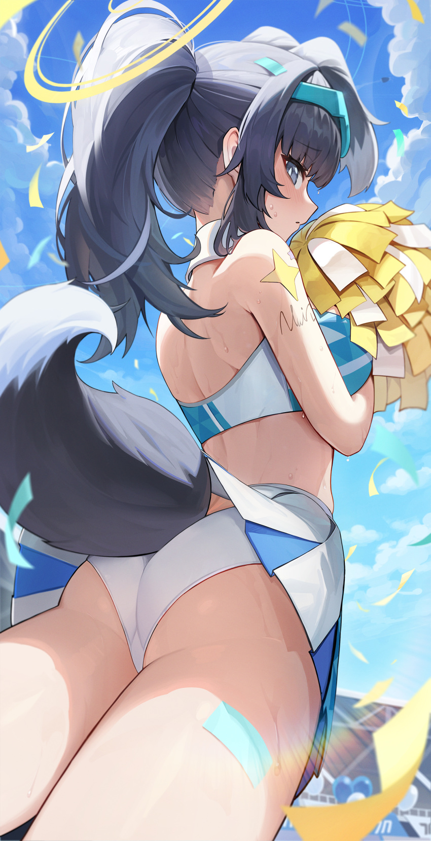 absurdres animal_ears ass back bare_arms bare_shoulders black_hair blue_archive blue_eyes blue_sky blush cheerleader cloud commentary confetti cowboy_shot crop_top dog_ears dog_girl dog_tail eyewear_on_head female from_below halo hibiki_(blue_archive) hibiki_(cheer_squad)_(blue_archive) highres holding holding_pom_poms hutosutoro long_hair looking_at_viewer looking_down midriff millennium_cheerleader_outfit_(blue_archive) official_alternate_costume panties parted_lips pom_pom_(cheerleading) ponytail profile sidelocks skirt sky solo star_sticker sweat tail thighs underwear upskirt white_panties white_skirt