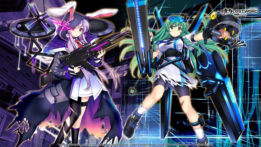 2girls animal_ears antique_firearm asymmetrical_legwear bandaid bike_shorts blunderbuss breasts commentary_request company_name copyright_name copyright_notice flight_pack frog gatling_gun glowing glowing_eye green_eyes green_hair gun hair_ornament kochiya_sanae kochiya_sanae_(lunar_war_oracle) large_breasts minigun multiple_girls necktie official_art pouch promotional_art purple_hair rabbit_ears rabbit_girl reisen_udongein_inaba reisen_udongein_inaba_(lunar_war_soldier) rotte_(1109) science_fiction shoes skirt snake_hair_ornament socks thighhighs torn_clothes torn_thighhighs touhou touhou_lostword visor weapon