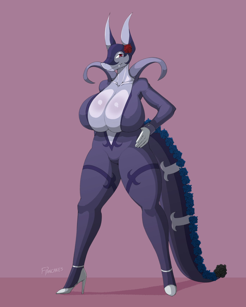 4:5 absurd_res alternate_species ankle_strap_heels anthro anthrofied big_breasts breasts cleavage clothed clothing cutout_heels dragon fangs female footwear freepancakes generation_5_pokemon hand_on_hip hi_res high_heels huge_breasts hybrid mythological_creature mythological_scalie mythology nintendo pokemon pokemon_(species) pokemorph pumps scalie serperior solo tail teeth white_clothing white_footwear white_high_heels