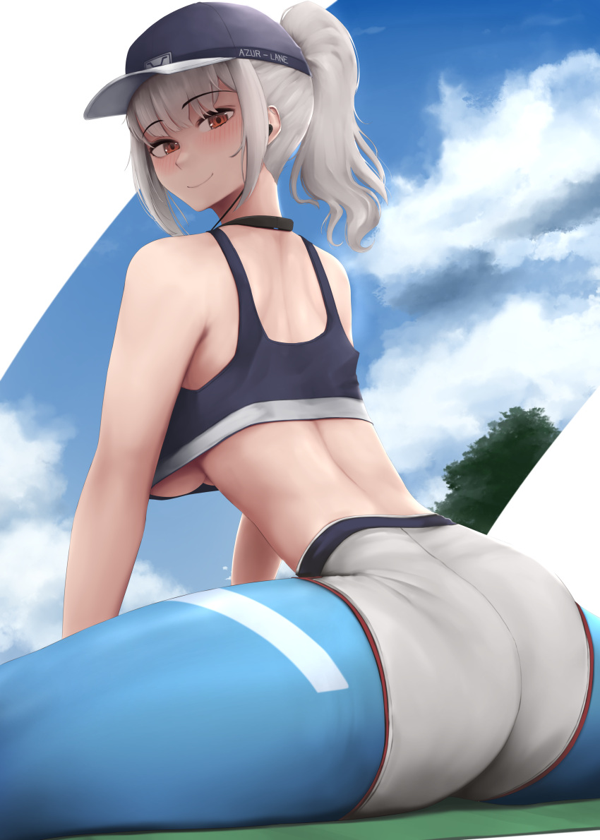 absurdres ass azur_lane blue_hat breasts cloud crop_top crop_top_overhang earphones eko.art female from_behind giulio_cesare_(azur_lane) giulio_cesare_(fitness_master)_(azur_lane) gradient_legwear hat highres large_breasts leaning_forward looking_at_viewer looking_back multicolored_clothes peaked_cap red_eyes skin_tight sleeveless solo thighs underboob