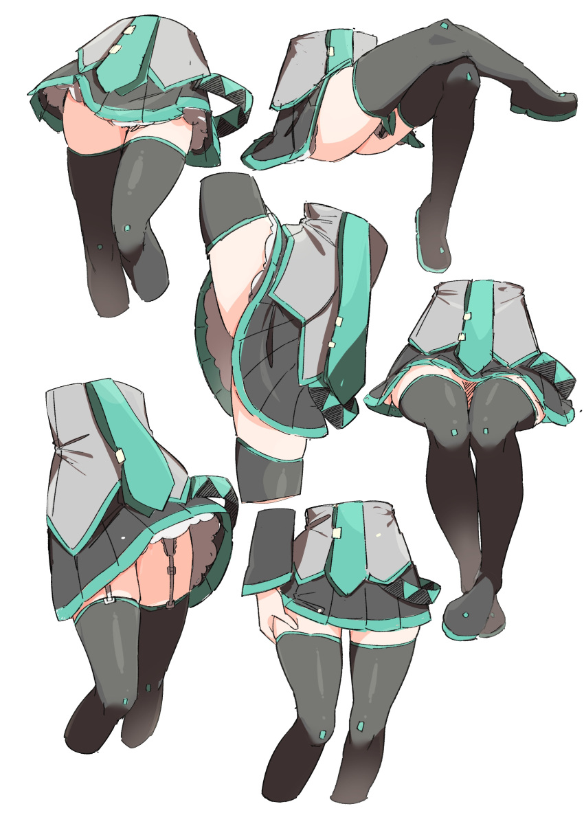 absurdres aqua_necktie black_footwear black_skirt black_thighhighs colored_shoe_soles commentary crossed_ankles crossed_legs female garter_straps grey_vest hand_on_own_thigh hatsune_miku highres leg_lift legs lower_body miniskirt multiple_views necktie pinching_thigh pleated_skirt simple_background sitting skindentation skirt split standing standing_on_one_leg standing_split thigh_grab thighhighs tie_clip uruti_2388 vest vocaloid white_background zettai_ryouiki