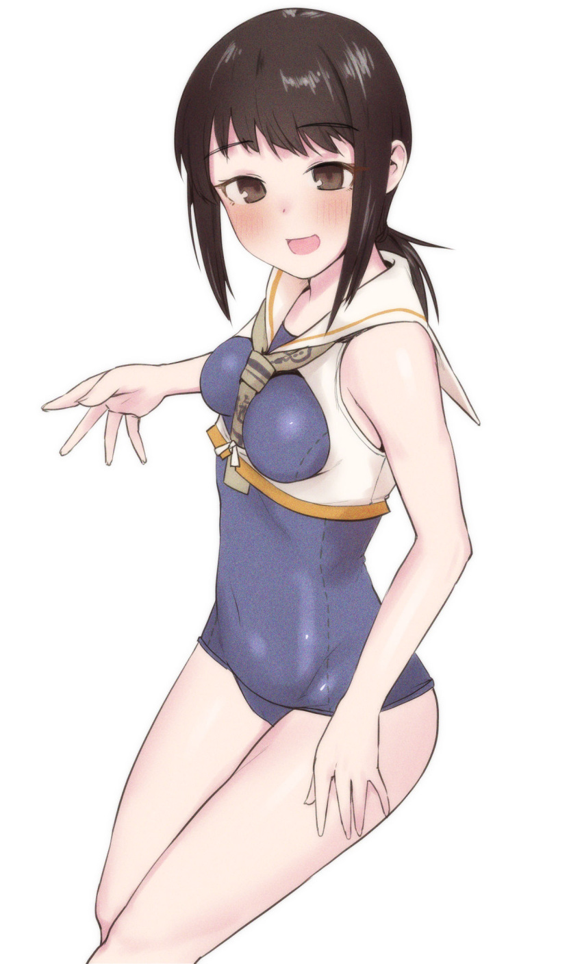 black_eyes black_hair blue_one-piece_swimsuit breast_cutout breasts brown_eyes cosplay cowboy_shot female framed_breasts fubuki_(kancolle) hair_between_eyes happi highres i-13_(kancolle) i-13_(kancolle)_(cosplay) japanese_clothes kantai_collection looking_at_viewer low_ponytail one-piece_swimsuit open_mouth ponytail sailor_collar sakieko school_swimsuit short_ponytail sidelocks simple_background small_breasts smile solo swimsuit swimsuit_under_clothes white_background