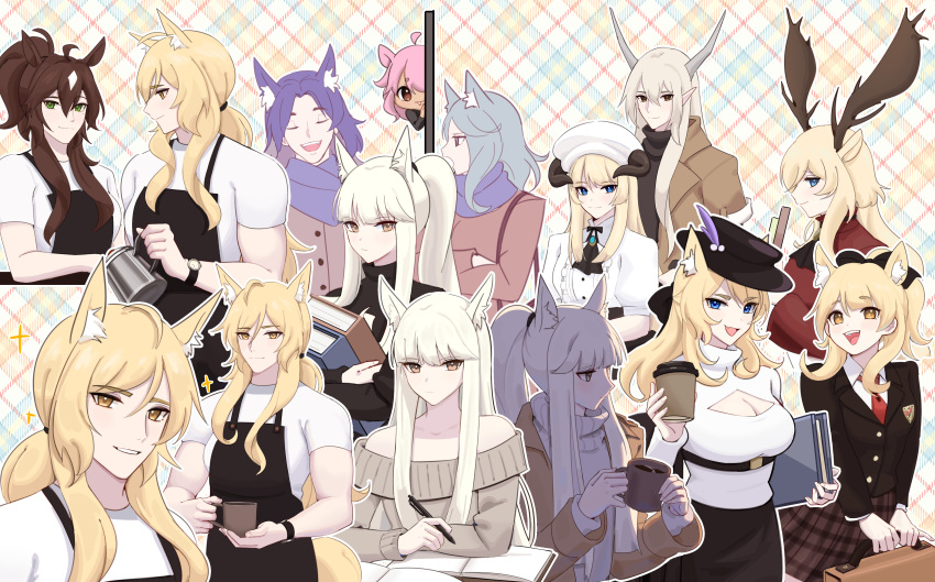 1boy 6+girls :d absurdres alternate_costume animal_ears arknights ascot bare_shoulders beret black_ascot black_jacket blemishine_(arknights) blonde_hair blue_eyes blue_hair blue_scarf book breasts brooch brown_eyes brown_hair brown_skirt cleavage cleavage_cutout closed_eyes clothing_cutout commentary_request gravel_(arknights) grey_sweater hat highres holding holding_book horns jacket jewelry large_breasts long_hair long_sleeves looking_at_another looking_at_viewer medium_breasts medium_hair meteor_(arknights) monique_(arknights) multiple_girls multiple_views nearl_(arknights) necktie nightingale_(arknights) off-shoulder_sweater off_shoulder open_mouth pink_hair plaid plaid_skirt platinum_(arknights) ponytail redrawn roy_(arknights) scarf shining_(arknights) shirt skirt smile supershrimpcakes sweater turtleneck very_long_hair viviana_(arknights) whislash_(arknights) white_hair white_headwear white_shirt yellow_eyes