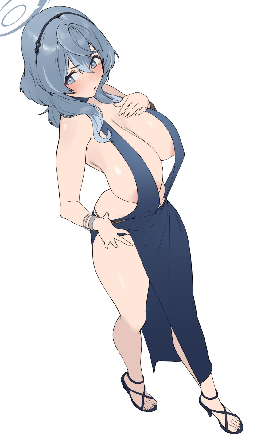 absurdres adjusting_dress ako_(blue_archive) ako_(dress)_(blue_archive) backless_dress backless_outfit banana_oekaki blue_archive blue_dress blue_hair blue_halo breasts cuffs dress female halo handcuffs highres official_alternate_costume plunging_neckline sideboob sideless_dress single_handcuff sleeveless sleeveless_dress solo