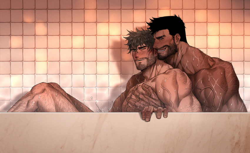 2boys arm_hair bara bathing bathtub beard beard_stubble blush character_request chest_hair dark-skinned_male dark_skin dobek_k facial_hair feet_out_of_frame from_side full_beard grabbing grabbing_from_behind hairy highres large_pectorals male_focus mature_male multiple_boys muscular muscular_male pectoral_grab pectorals profile scp_foundation short_hair sideburns sideburns_stubble stubble thick_eyebrows yaoi