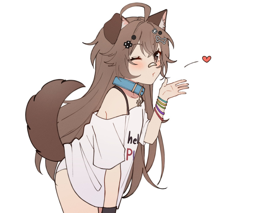 animal_ear_fluff animal_ears bandaid bandaid_on_face bandaid_on_nose blowing_kiss blue_collar brown_eyes brown_hair collar dog_ears dog_girl dog_tail female highres idol_corp long_hair mittsu no_pants off_shoulder one_eye_closed panties pochi_wanmaru pochi_wanmaru_(pochi_2.0) second-party_source shirt short_sleeves tail unaligned_ears underwear virtual_youtuber white_panties white_shirt