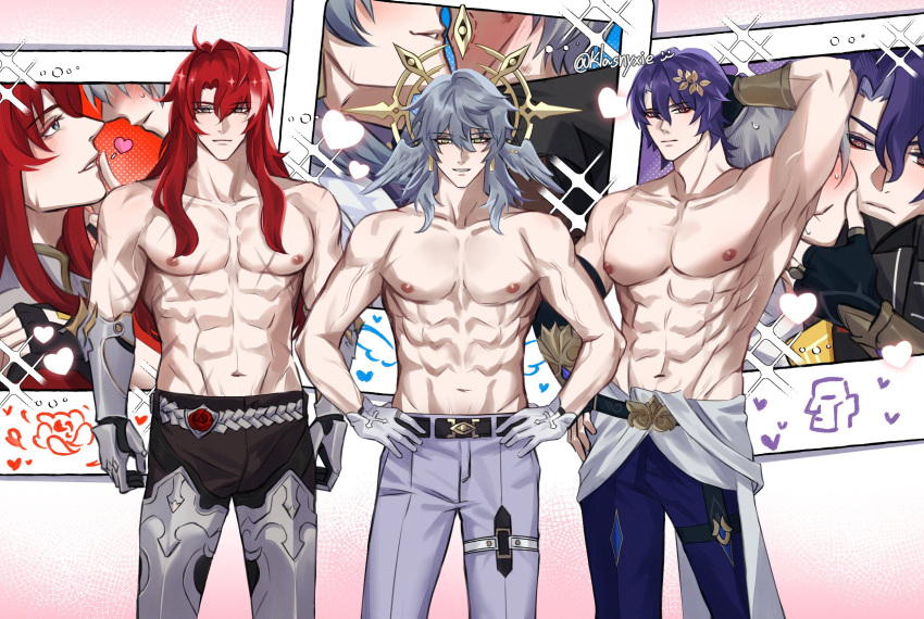 3boys abs ahoge argenti_(honkai:_star_rail) arm_up armor armpits bare_pectorals blue_hair blue_pants closed_mouth collarbone cross_scar dr._ratio_(honkai:_star_rail) gloves grey_hair grey_pants hair_between_eyes hands_on_own_hips highres honkai:_star_rail honkai_(series) klasnyxie long_hair looking_at_viewer male_focus multicolored_hair multiple_boys navel nipples pants pectorals red_hair scar streaked_hair twitter_username white_gloves white_wings wings