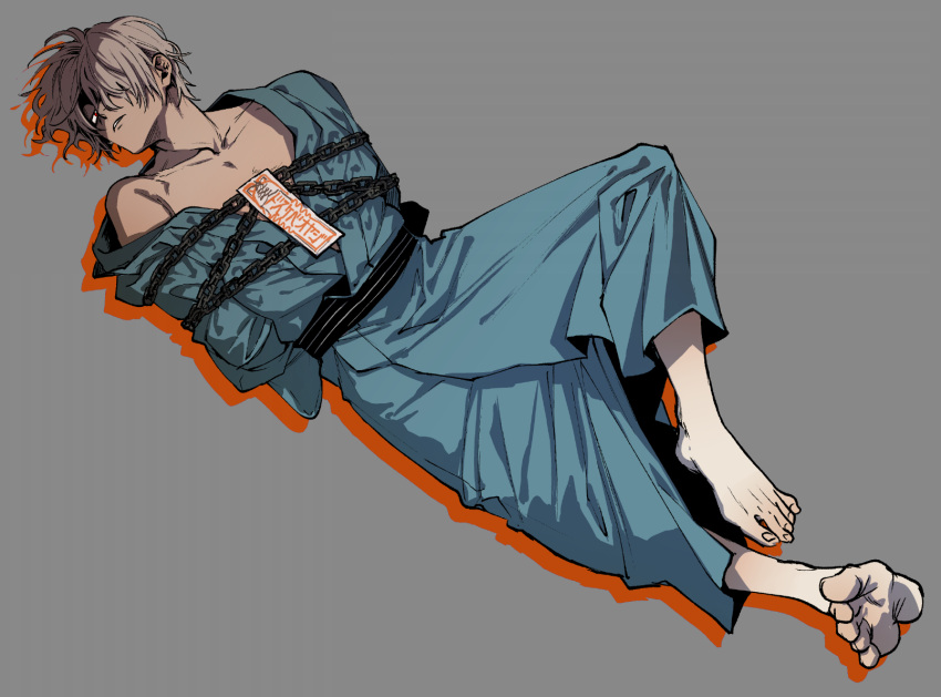 1boy arms_behind_back barefoot blue_kimono bound bound_torso chains drop_shadow feet full_body gegege_no_kitarou grey_background grey_hair hair_over_one_eye highres japanese_clothes kimono kitarou_tanjou:_gegege_no_nazo kyouko_(roughplus) long_sleeves looking_at_viewer lying male_focus medama_oyaji medama_oyaji_(human) off_shoulder ofuda on_back one_eye_covered restrained sash short_hair simple_background soles solo toenails toes