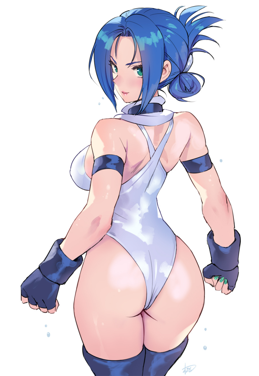 arm_strap ass black_gloves blair_dame blue_eyes blue_hair boots breasts clenched_hands commentary_request female fighting_ex_layer fingerless_gloves folded_ponytail from_behind gloves highleg highleg_leotard highres large_breasts leotard looking_at_viewer matsuda_(matsukichi) partial_commentary short_hair simple_background solo street_fighter street_fighter_ex_(series) thigh_boots white_background white_leotard